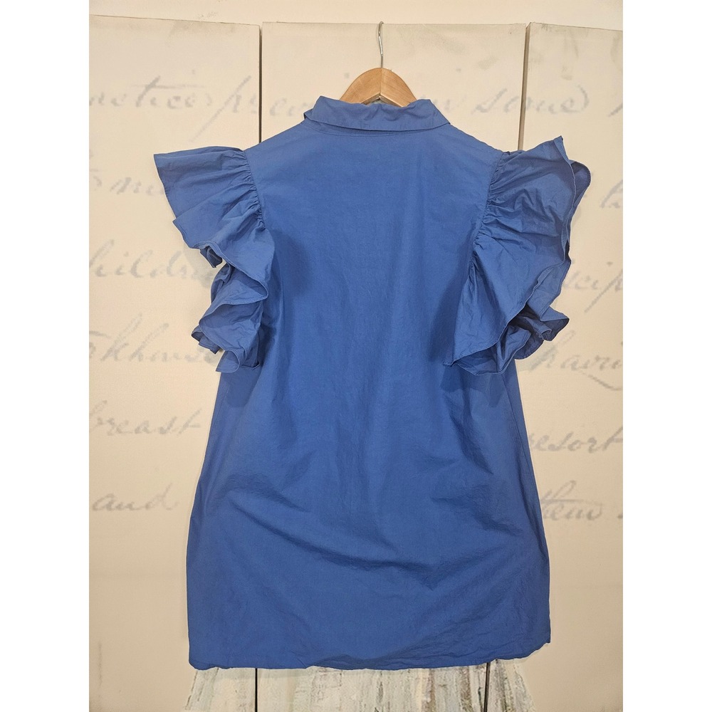 SSYS The Label Blue Cotton Poplin Ruffle Flutter Sleeve V-Neck Collared Dress M - Picture 2 of 7